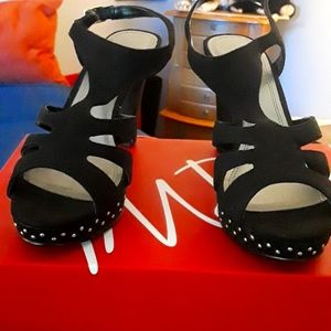 Suede high heels with gold studs by Impo 6 1/2